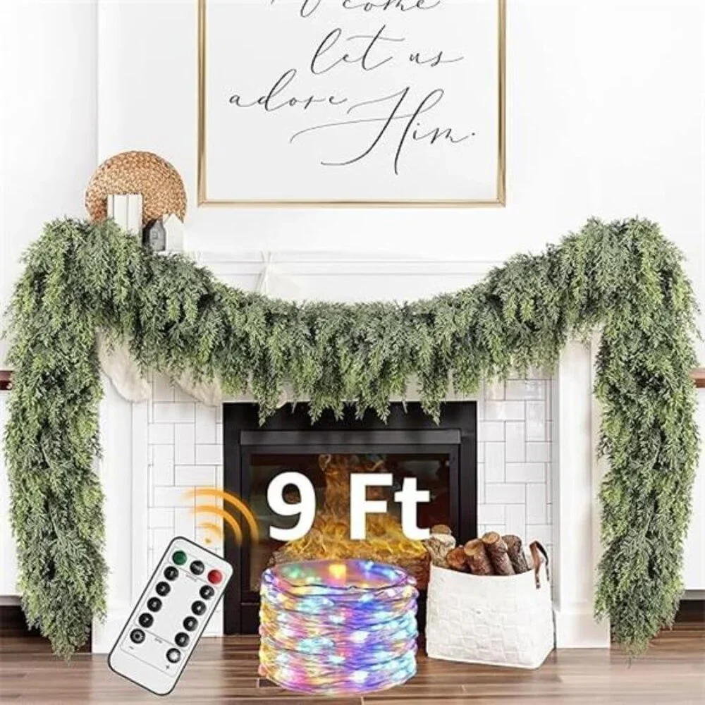 Cedar Christmas Garland with Lights for Mantle - Decorations 9ft Realistic